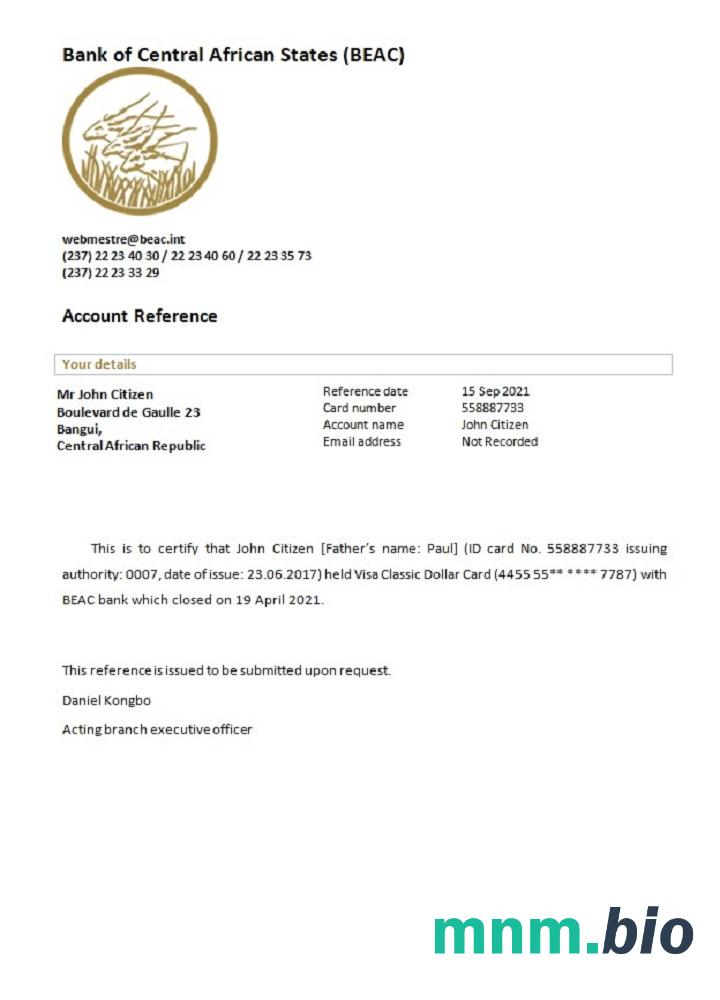 Republika Środkowoafrykańska Bank państw Środkowoafrykańskich przykład zamknięcia odniesienia w formatach Word i PDF